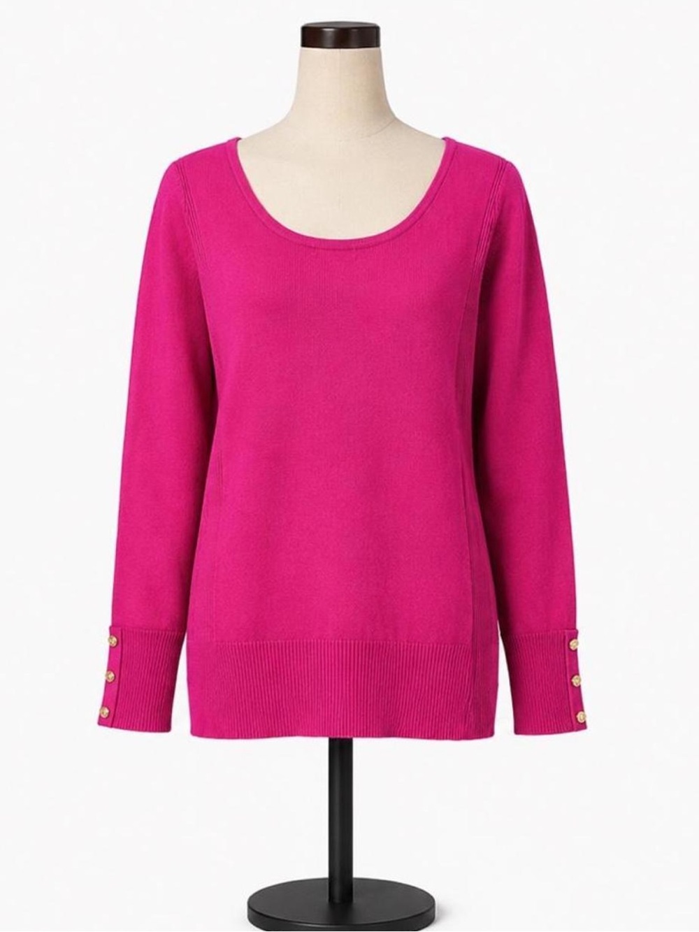 Cache Crisscross Neck Sweater Pink Fuchsia with Gold Button Details
